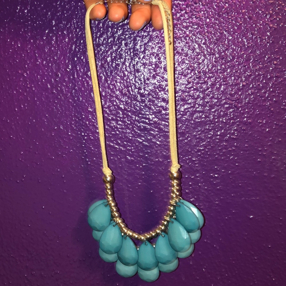 Teal leather beaded necklace